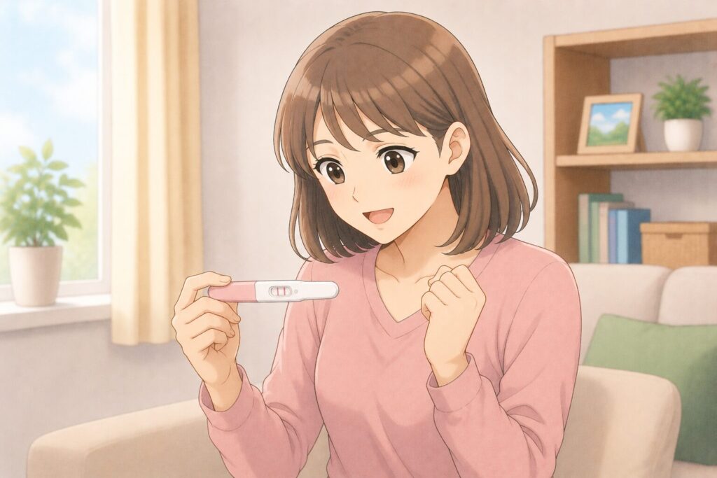 妊娠検査薬の結果を見て喜ぶ女性のイラスト