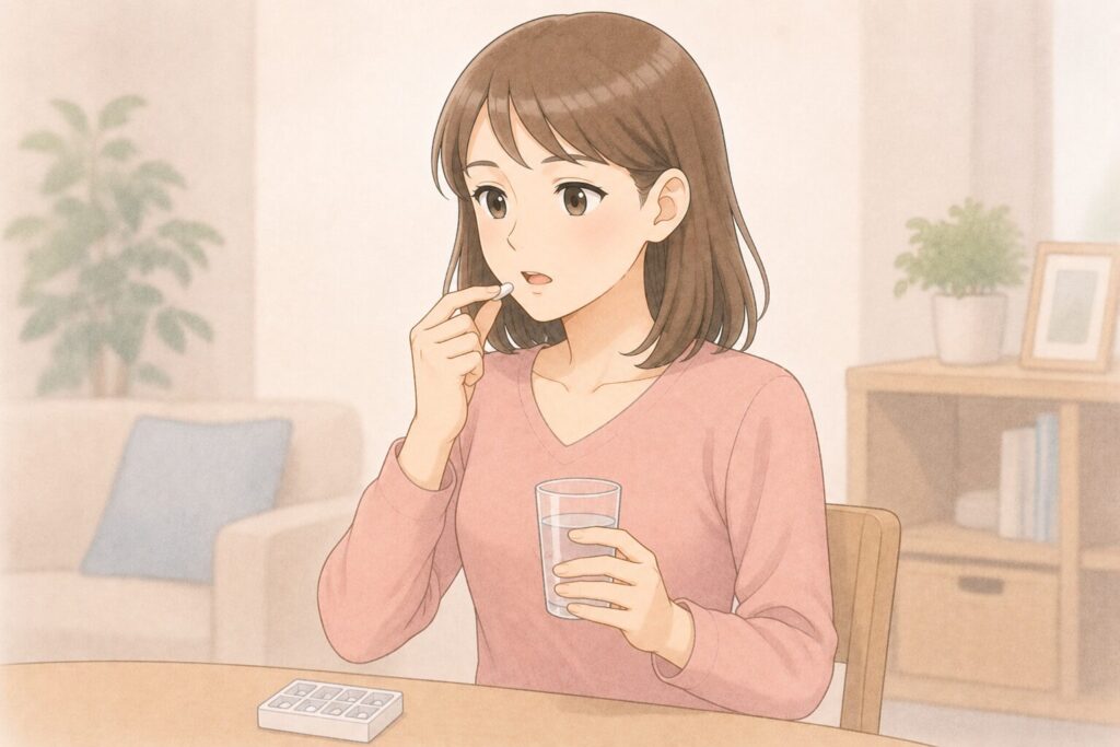 錠剤を水と一緒に飲もうとしている女性のイラスト