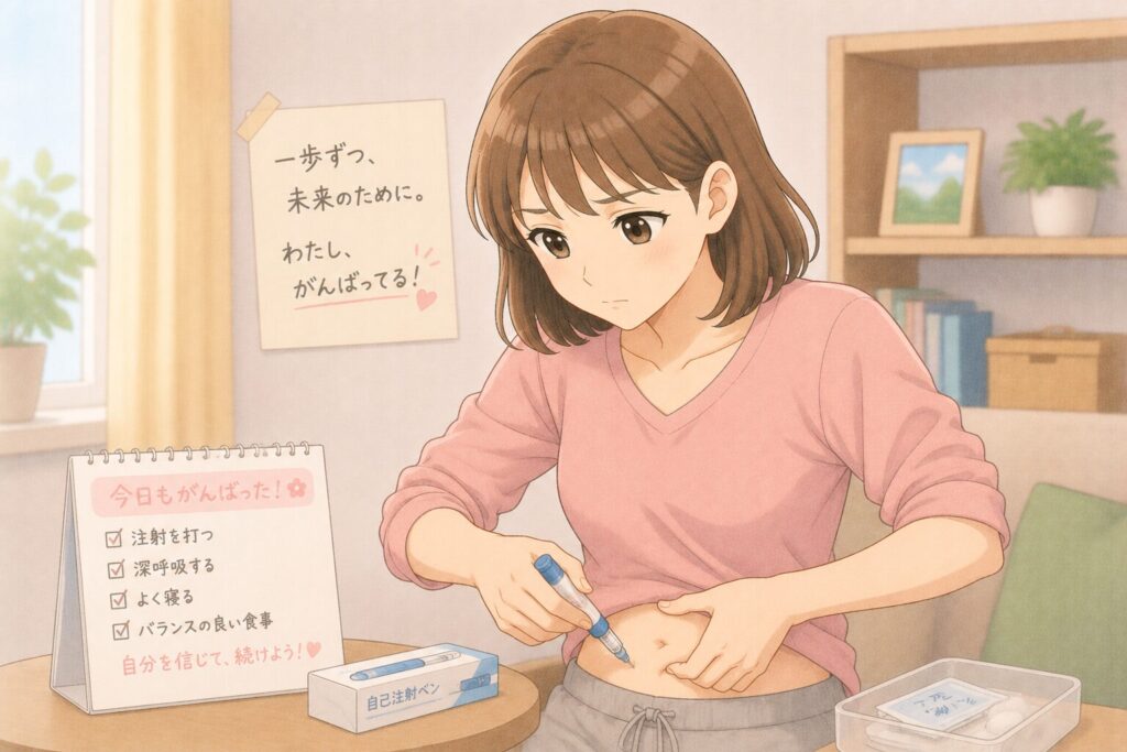 自己注射ペンでおなかに注射をする女性のイラスト