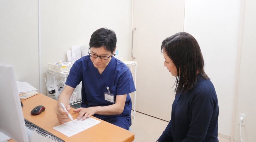 資料に書き込みながら患者さんに説明する院長・佐藤善啓