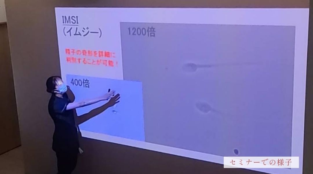 セミナーでIMSI(高倍率での精子観察)のスライドを解説する様子