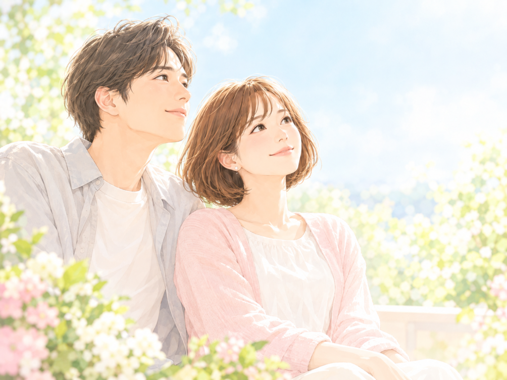 空を見上げて寄り添う男女のイラスト
