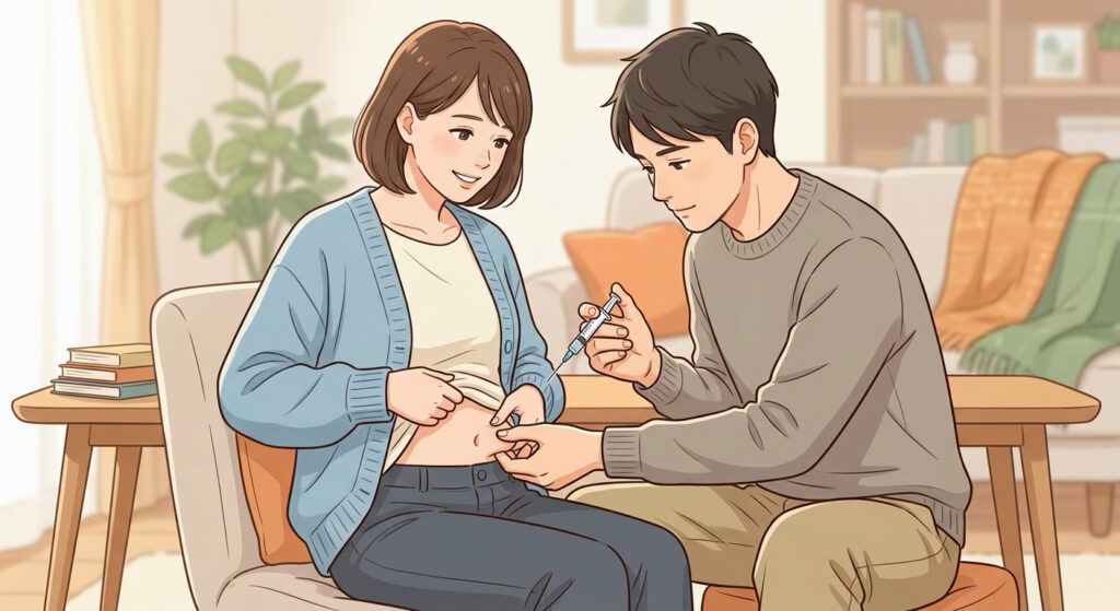 夫に手伝ってもらいながら、自宅でおなかに自己注射をする女性のイラスト