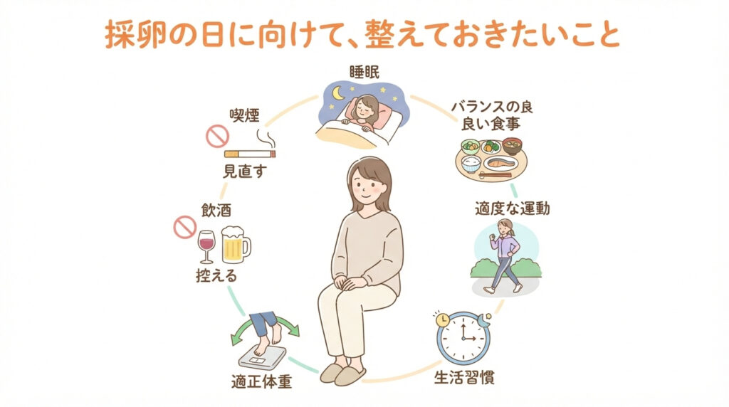 採卵の日に向けて整えておきたいこと(睡眠・バランスの良い食事・適度な運動・喫煙と飲酒の見直し・適正体重・生活習慣)を示したイラスト